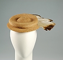 Hat, Sally Victor (American, 1905–1977), Straw (possibly sisal), feathers, American