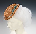 Hat, straw, silk, metal, American