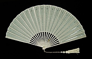 Fan, Wood, silk, sequins, mother-of-pearl, metal, American