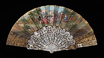Fan, mother-of-pearl, paper, gouache, metal, European