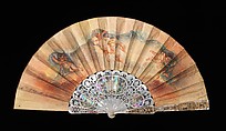 Fan, mother-of-pearl, parchment, gouache, metal, probably Italian