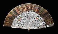 Fan, mother-of-pearl, paper, gouache, metal, European