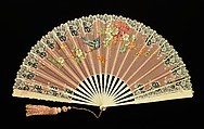 Fan, ivory, silk, paint, mother-of-pearl, metal, American or European