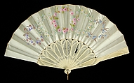 Fan, Ivory, silk, mother-of-pearl, metal, American