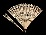 Brisé fan, Ivory, silk, metal, American
