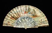 Fan, mother-of-pearl, paper, gouache, paint, metal, probably French