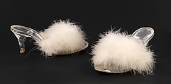 Mules, plastic (acrylic), feathers, American