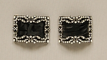 Shoe buckles, Metal, rhinestones, silk, possibly French