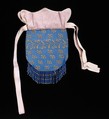 Pouch, glass, metal, leather, linen, silk, American