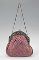 Evening purse, silk, metal, leather, French