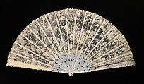 Fan, mother-of-pearl, metal, linen, probably French