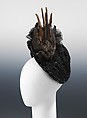 Evening bonnet, silk, birds, feathers, jet, probably French