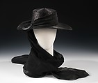 Mourning hat, Henri Bendel, straw, silk, plastic, metal, American