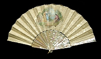 Fan, L. Langelier French, Mother-of-pearl, linen, silk, metal, paint, Belgian