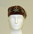 Cap, silk, metal thread, leather, European