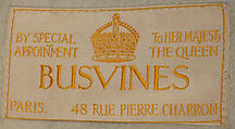 Riding habit, (a, b) Busvines &amp; Co. Paris (French), (a-c) wool
(d) linen
(e-h) cotton
(i) wool
(j, k) leather
(l-q) wood, French