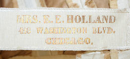 Wedding ensemble, Mrs. E. E. Holland, (a–d) silk
(e, f) leather, American