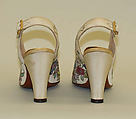 Evening pumps, John Marino, Inc., a,b) rayon, leather, metal, textile paints, American