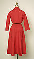 Ensemble, (a–c) House of Jacques Fath (French, founded 1937), (a, b) linen, silk, nylon
(c) linen, leather
(d) straw, French