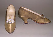Evening slippers, J. & J. Slater (American), metal, leather, wood, silk, rhinestones, American