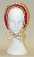 Promenade bonnet, silk, wire, cotton, American