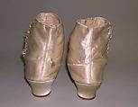 Boots, silk, leather, wood, American