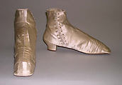 Boots, silk, leather, wood, American