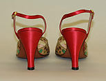 Sandals, Mr. David Evins (American, born England, 1909–1992), silk, plastic (vinyl), leather, wood, American