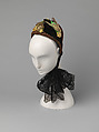 Bonnet, silk, feathers, American