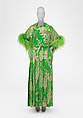 Evening ensemble, (a–c) House of Dior (French, founded 1946), a,b) silk, metallic thread
c) feathers
d,e) leather, French