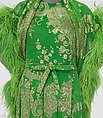 Evening ensemble, (a–c) House of Dior (French, founded 1946), a,b) silk, metallic thread
c) feathers
d,e) leather, French