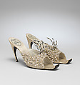 Evening slippers, House of Dior (French, founded 1946), silk, leather, metallic thread, plastic, glass, French