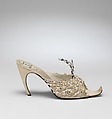 Evening slippers, House of Dior (French, founded 1946), silk, leather, metallic thread, plastic, glass, French