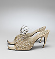 Evening slippers, House of Dior (French, founded 1946), silk, leather, metallic thread, plastic, glass, French
