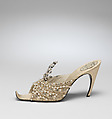 Evening slippers, House of Dior (French, founded 1946), silk, leather, metallic thread, plastic, glass, French