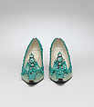 Evening shoes, House of Dior (French, founded 1946), silk, metal, leather, metallic thread, plastic, glass, French