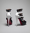 2009.422d,e: Both shoes together, one viewed from the back and one 3/4 from the side so red on inside of stiletto heel is visible Ensemble, (a–c) Rodarte (American, founded 2005), wool, silk, synthetic, leather, metal, American