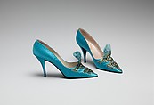 Evening shoes, House of Dior (French, founded 1946), silk, leather, glass, feathers, metallic thread, French