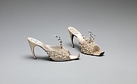 Evening slippers, House of Dior (French, founded 1946), silk, leather, metallic thread, plastic, glass, French