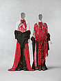 Ensemble, Yuima Nakazato Japanese, (a) Jacket: artificial protein fiber and wool blend, red crochet knit: artificial protein fiber, silk blend, wool, rayon, cotton; (b) artificial protein fiber and wool blend, and silk organza; (c, d) leather, ceramic, and rubber; (e) ceramic and red crochet knit blend, Japanese