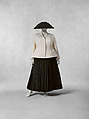 Bar Suit, House of Dior French, a) polyester, wool; b) wool; c) straw; d, e) lambskin leather, French