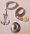 Accessory set, Elsa Peretti  Italian, a) leather, ivory; b) leather, metal; c, d) silver; e) ivory, French
