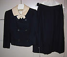 Suit, Mainbocher (French and American, founded 1930), a) wool, silk, plastic (cellulose nitrate); b) wool, synthetic fiber, American