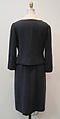 Suit, Mainbocher (French and American, founded 1930), a) wool, silk, plastic (cellulose nitrate); b) wool, synthetic fiber, American