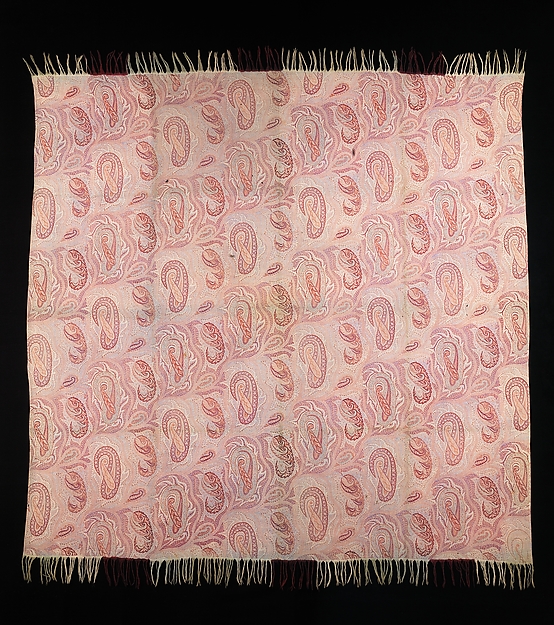 British wool shawl from about 1850 with repeated pink and cream Boteh or paisley motifs on a dark ground