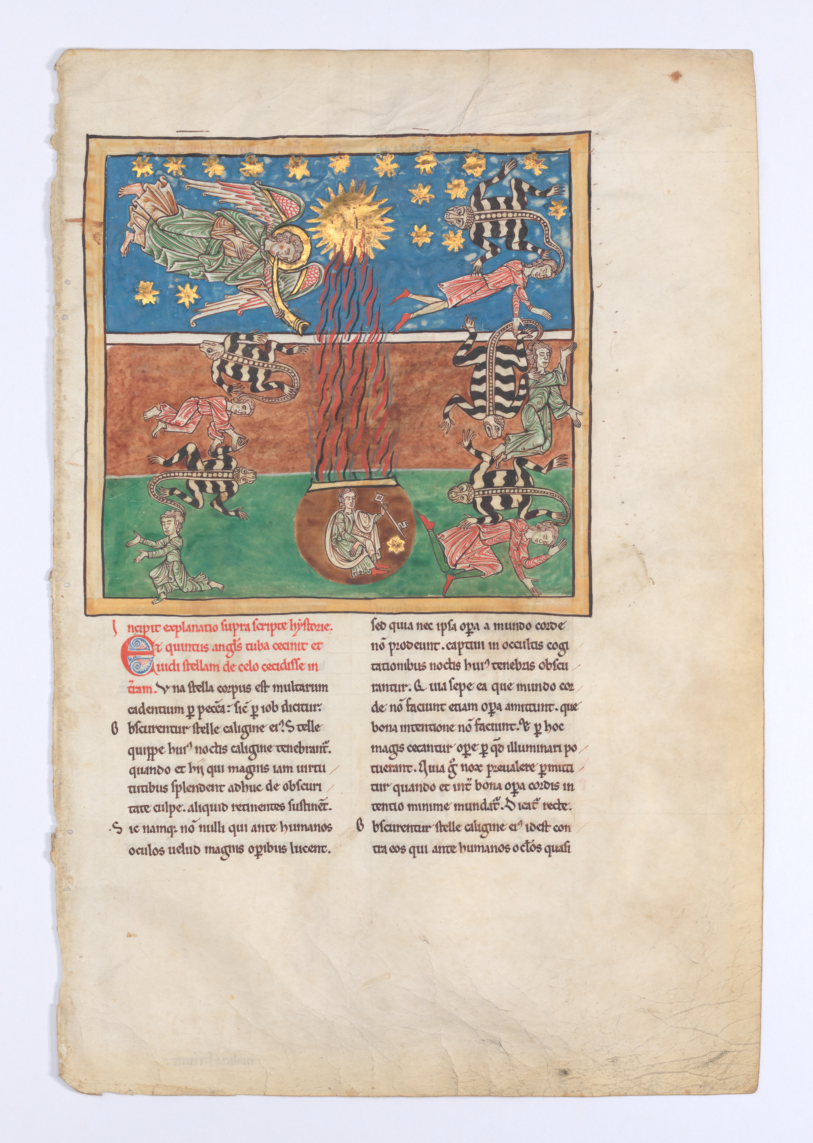 Leaf from a Beatus Manuscript: at the Clarion of the Fifth Angel's Trumpet,  a Star Falls from the Sky; the Bottomless Pit is Opened with a Key;  Emerging from the Smoke, Locusts