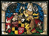 Stained-Glass Panel with a Coat of Arms and a Female Supporter, Lukas Zeiner  Swiss, Pot metal and colorless glass, vitreous paint, and silver stain, lead, Swiss