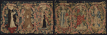 Allegorical Tapestry with Sages of the Past, Linen, wool, brass metal-strip-wrapped silk, German