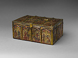 Box with Courtly Lovers, Incised, tooled, painted, stamped, and gilded leather (cuir bouilli) with brass fittings over a wood core, French