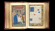 Folios 74v-75r, Presentation in the Temple (None) / full-page border Book of Hours, Simon Bening (Netherlandish, Ghent (?) 1483/84–1561 Bruges), Tempera, gold, and ink on parchment; modern red leather binding, Netherlandish